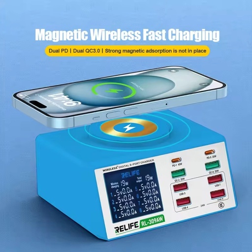 RELIFE RL-309AW QC3.0 PD Fast Wireless Charger With LCD Display 8 PortsCHARGER RL-309AW